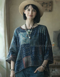 Vintage Patchwork Linen Blouse for Women Loose Fit