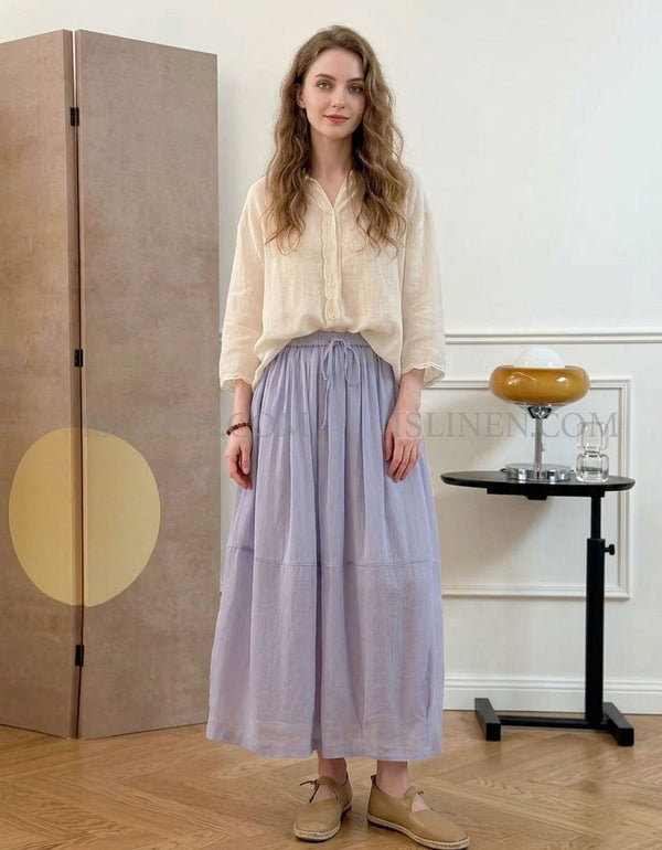 Spring Vintage Drawstring Waist A-Line Summer Midi Skirt