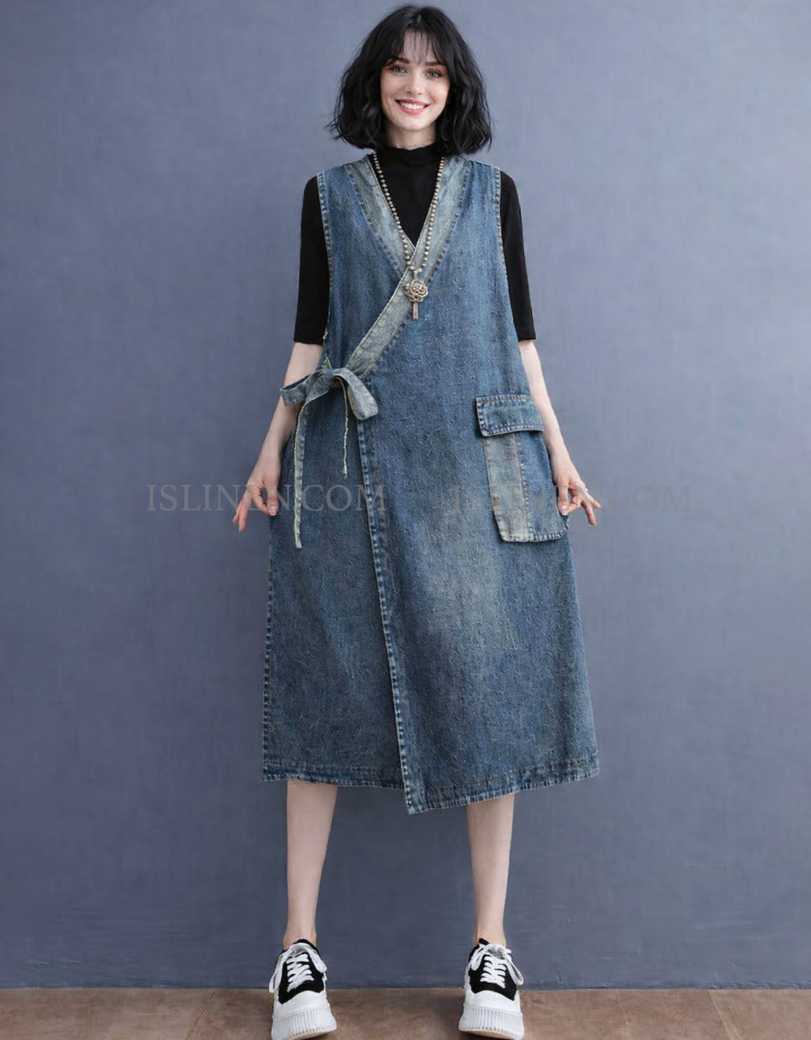 Women’s Vintage Denim Wrap Dress – Sleeveless Casual Midi Dress with Pocket