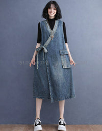 Women’s Vintage Denim Wrap Dress – Sleeveless Casual Midi Dress with Pocket