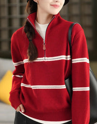 Striped Zip Up Casual Knit Sweater for Women