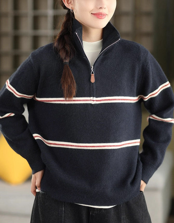 Striped Zip Up Casual Knit Sweater for Women