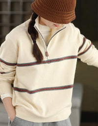 Striped Zip Up Casual Knit Sweater for Women