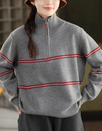 Striped Zip Up Casual Knit Sweater for Women