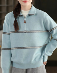 Striped Zip Up Casual Knit Sweater for Women