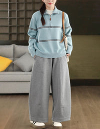 Striped Zip Up Casual Knit Sweater for Women