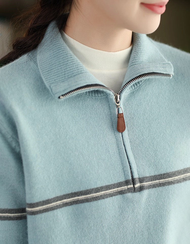 Striped Zip Up Casual Knit Sweater for Women