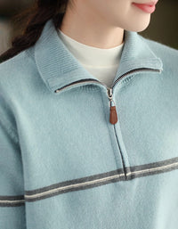 Striped Zip Up Casual Knit Sweater for Women