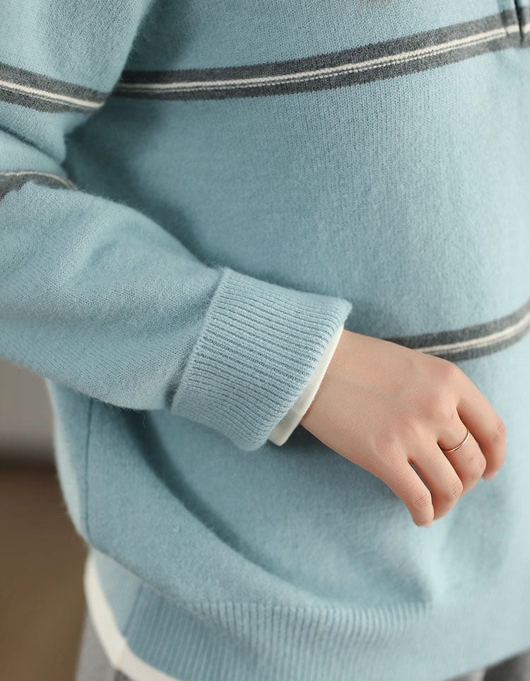 Striped Zip Up Casual Knit Sweater for Women