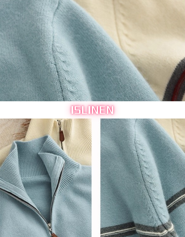 Striped Zip Up Casual Knit Sweater for Women