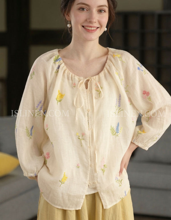 Women Vintage Floral Embroidery Loose Cotton Blouse