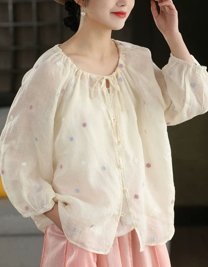 Women Floral Cotton Linen Boho Blouse Puff Sleeves