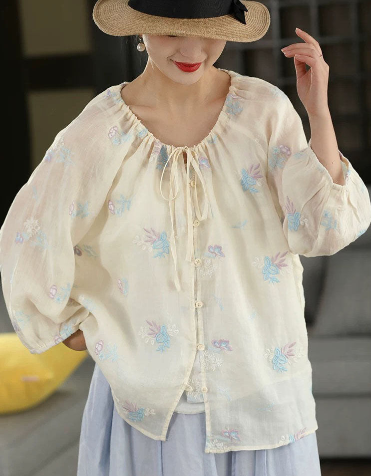 Loose Fit Embroidered Peasant Top Women Vintage Style