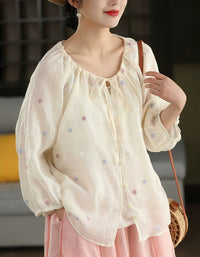 Women floral embroidered cotton peasant blouse loose fit