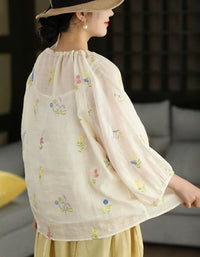 Boho floral embroidery blouse women puff sleeve top