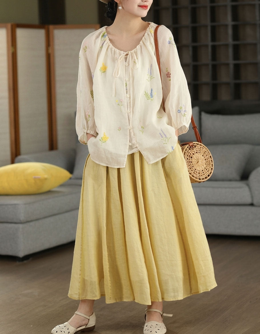 Boho Embroidered Cotton Top Women Puff Sleeve Shirt