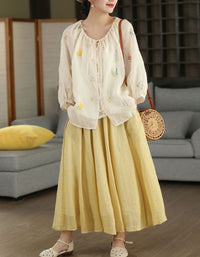 Boho Embroidered Cotton Top Women Puff Sleeve Shirt