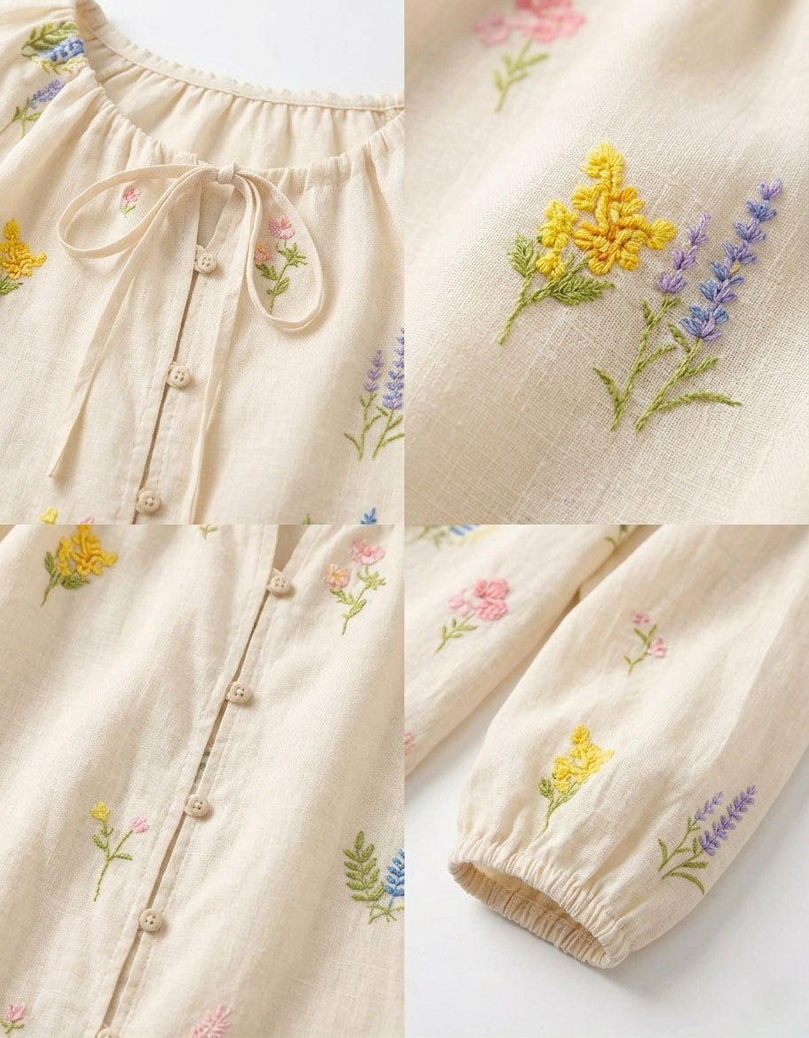 Floral embroidered detail on women cotton peasant blouse