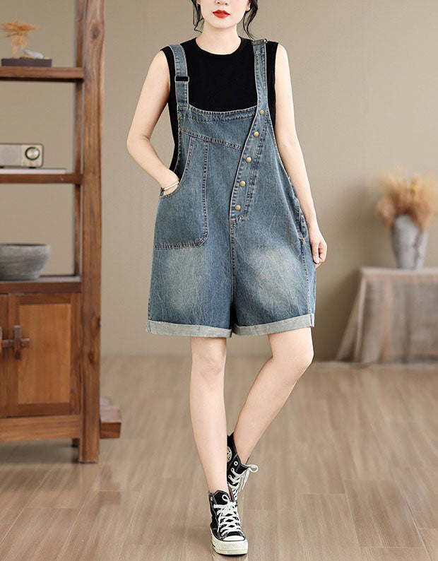 Casual Loose Fit Denim Dungaree Shorts for Women Outfit