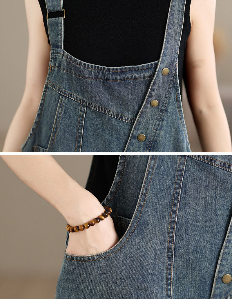 Denim texture and button details overall shorts
