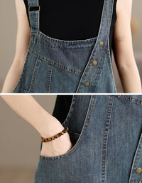 Denim texture and button details overall shorts