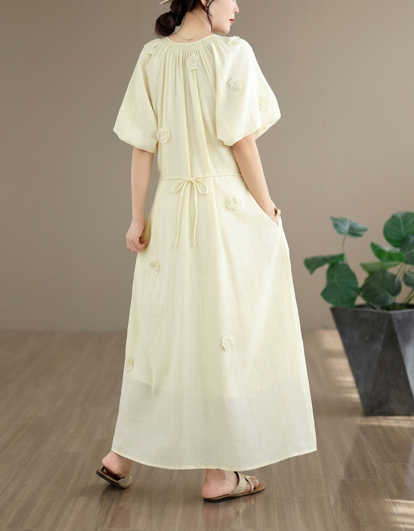 Back View of Women’s Casual Blue Maxi Dress – Lightweight Bohemian Dress with Short Sleeves
