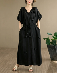 Bohemian long blue dress styled with sandals for everyday wear