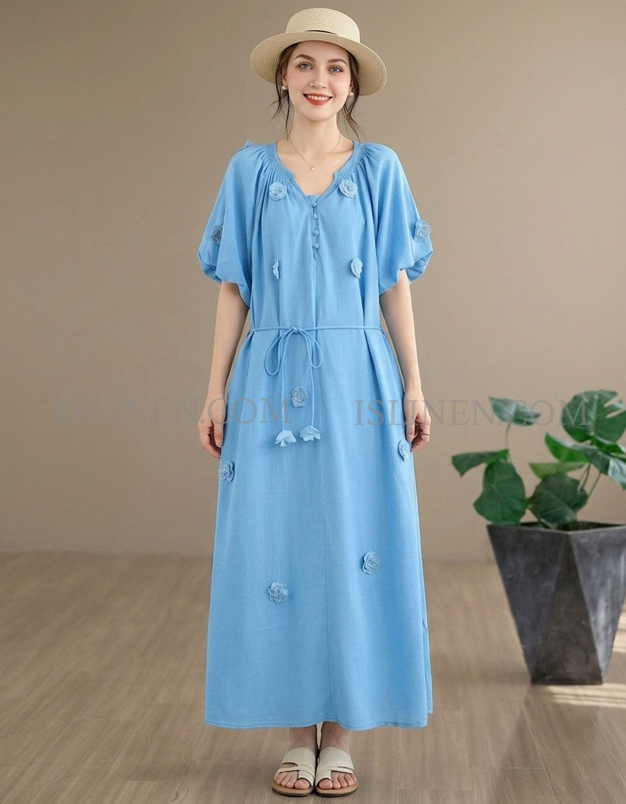 Women’s blue boho maxi dress with floral appliqué and tie waist