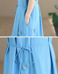 Close-up of Casual summer maxi dress in blue with drawstring waist detail