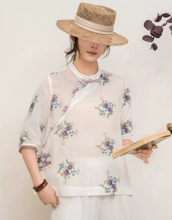 Casual Floral Linen Blouse Women Summer Loose Fit Top