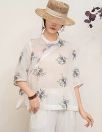 Chinese Style Floral Linen Top Lightweight Summer Blouse