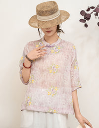 Elegant Floral Linen Blouse Women Breathable Casual Top