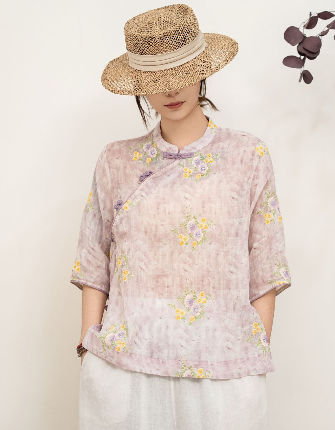 Vintage Floral Print Linen Shirt Women Casual Loose Top