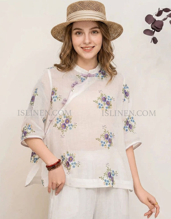 Women Floral Linen Top Vintage Chinese Style Blouse