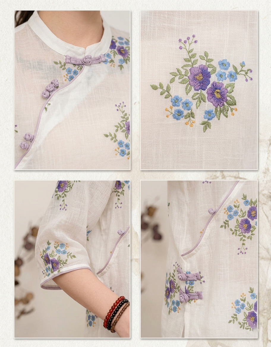Floral linen blouse women vintage Chinese style top