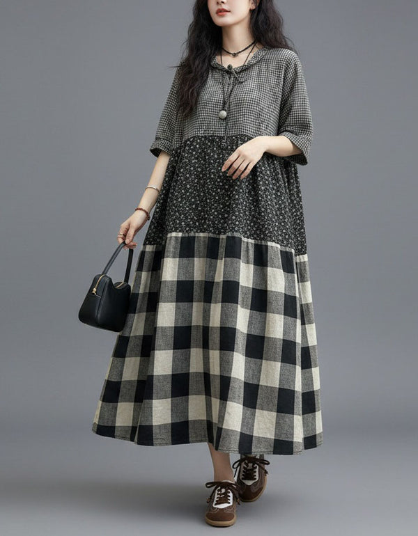 Front view of patchwork dress with plaid and floral design