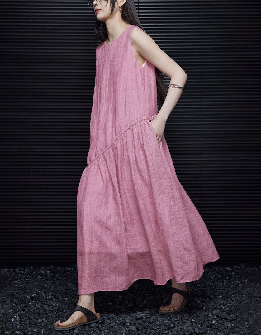 Casual Pink Linen Midi Dress Women Relaxed Summer Wear