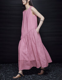 Casual Pink Linen Midi Dress Women Relaxed Summer Wear