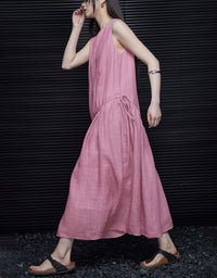 Women Sleeveless Pink Dress Linen Loose Fit Midi Style
