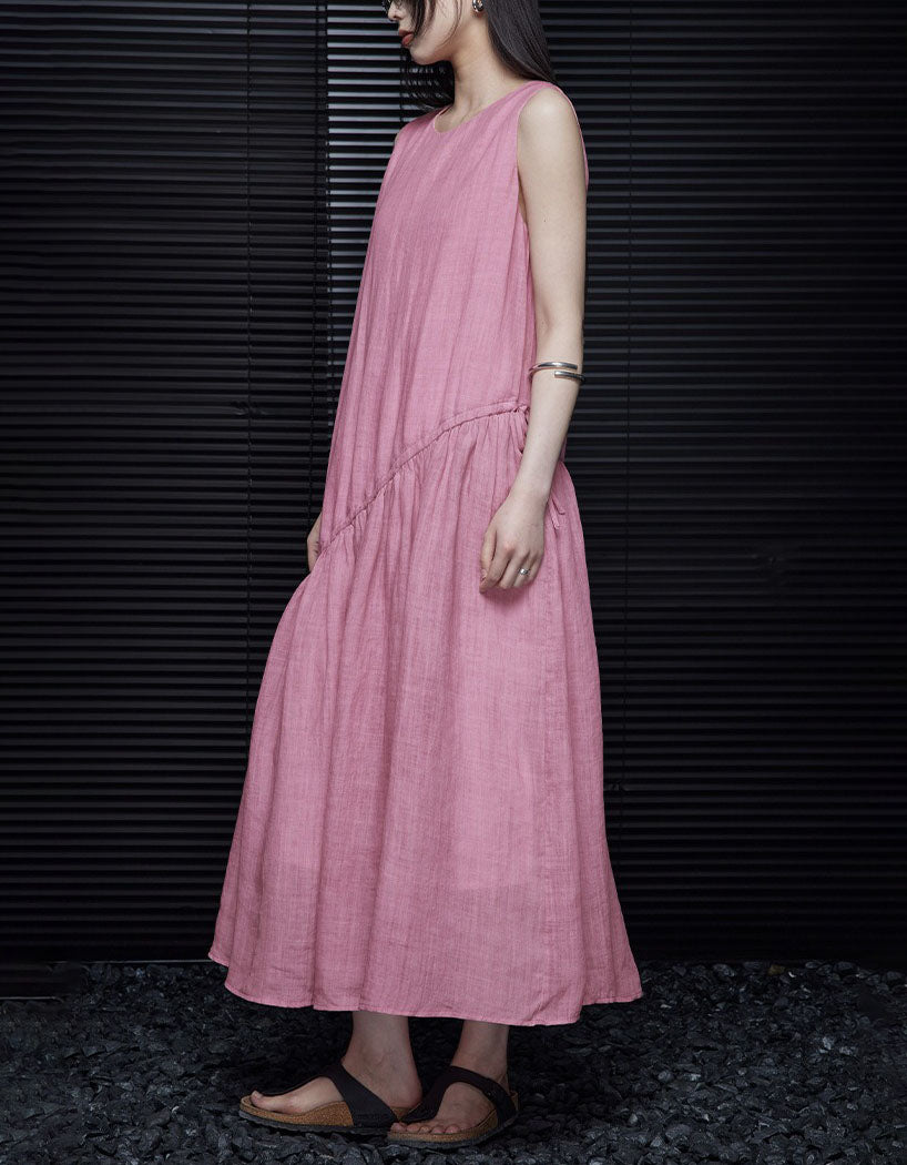 Casual Pink Linen Midi Dress Women Relaxed Summer Wear