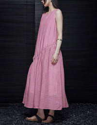 Casual Pink Linen Midi Dress Women Relaxed Summer Wear