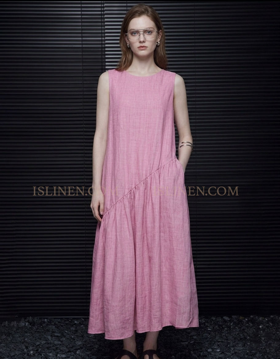Women Pink Linen Midi Dress Sleeveless Loose Casual