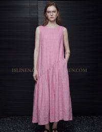 Women Pink Linen Midi Dress Sleeveless Loose Casual