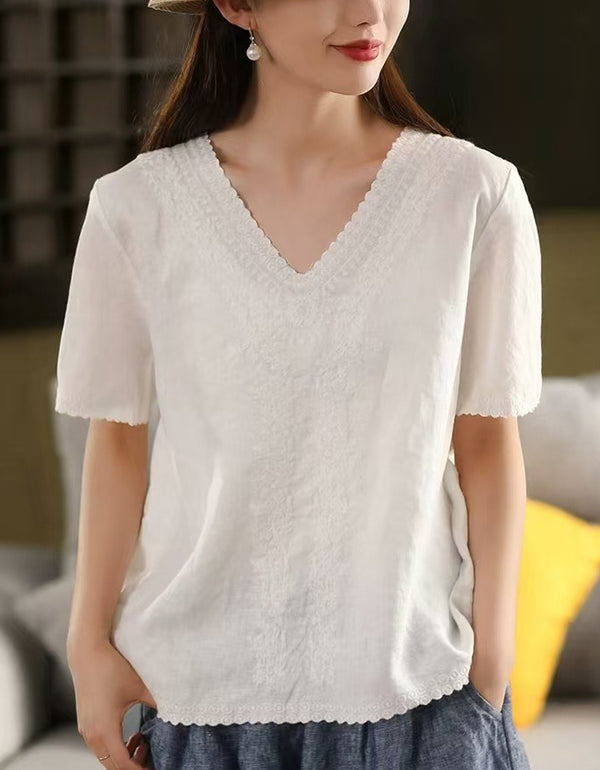 Summer V-Neck Embroidered Short Sleeve Shirt