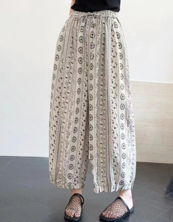Boho Printed Cotton Wide Leg Pants Women Casual