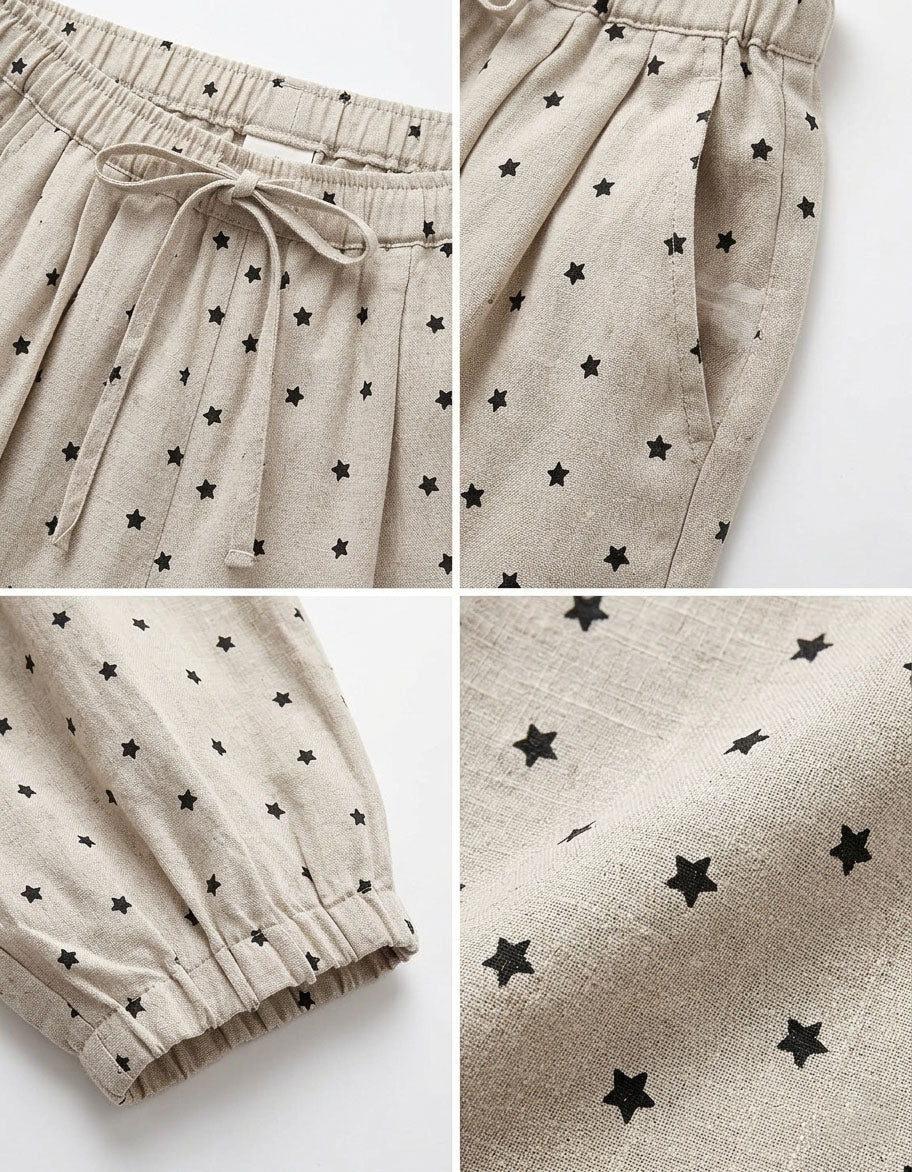 Summer Boho Cotton Wide Leg Pants Elastic Waist