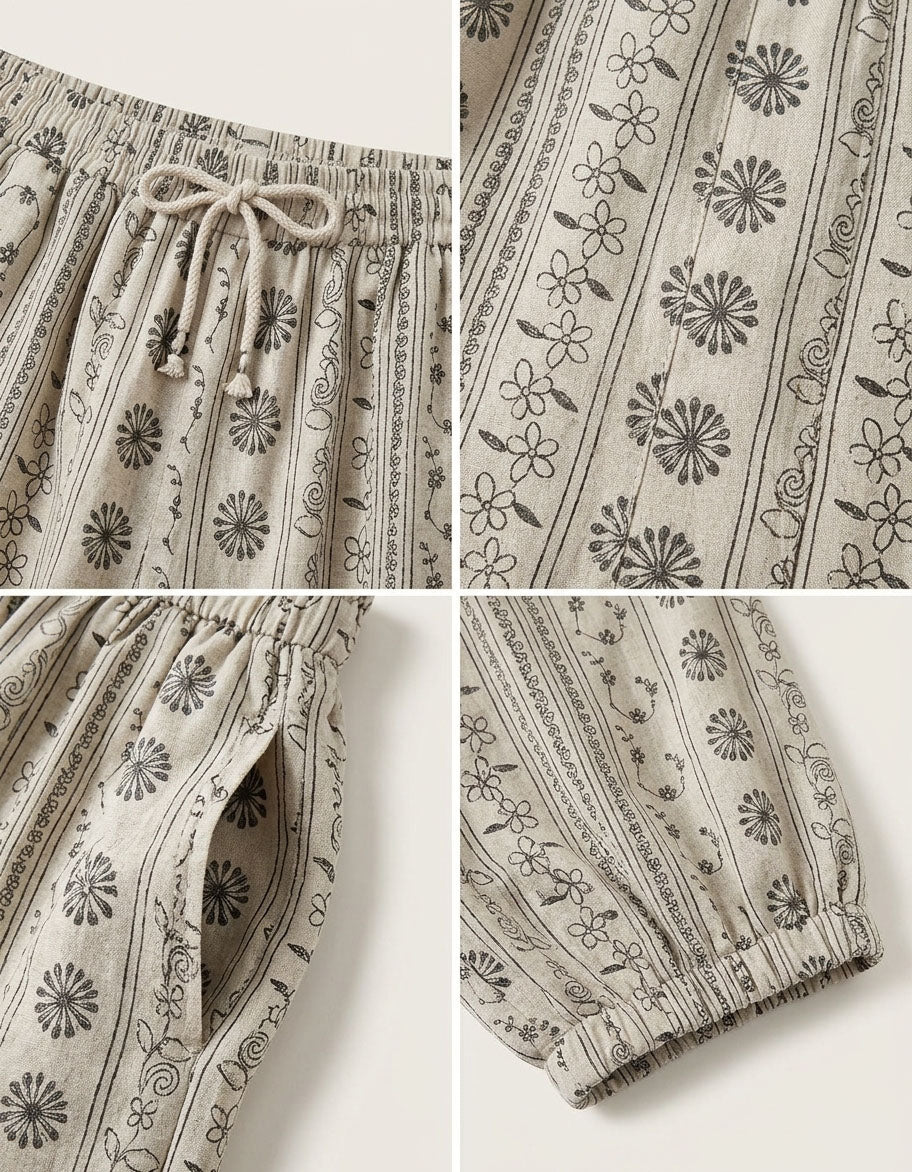 Boho printed cotton wide leg pants women elastic waist