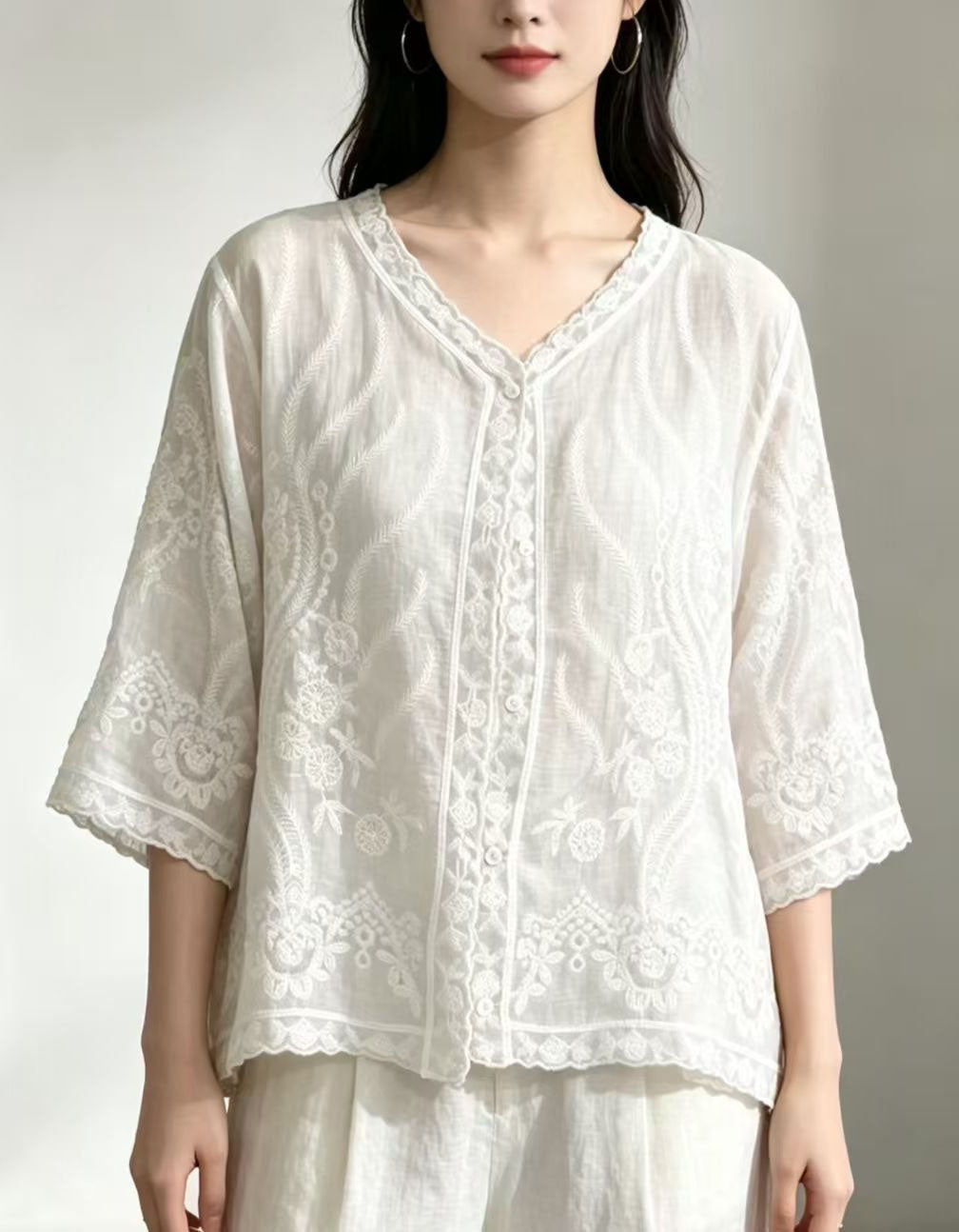 Vintage Embroidered White Casual Linen Shirt