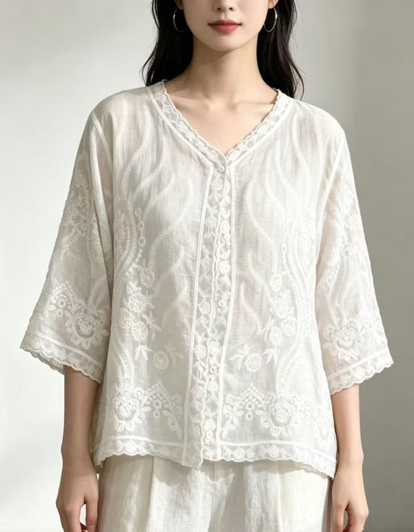 Vintage Embroidered White Casual Linen Shirt