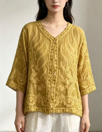 Women’s Retro Embroidered Button Front Shirt